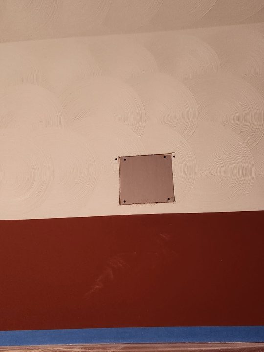 Square patch set into a swirl ceiling, before the texture goes on, Patriot Drywall & Plastering project